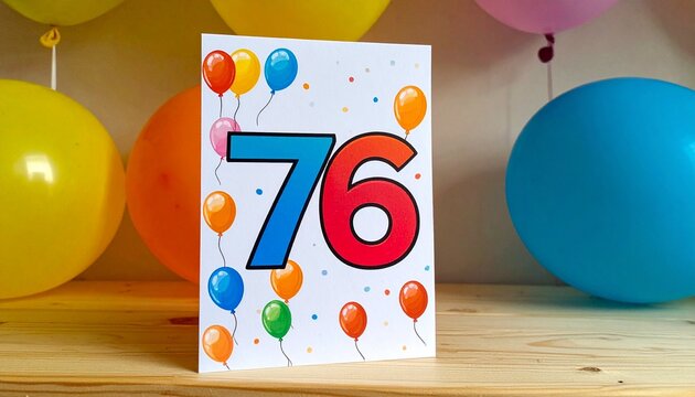 Birthday or anniversary card with number 76 with bright colors and balloons