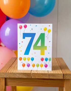Birthday or anniversary card with number 74 with bright colors and balloons