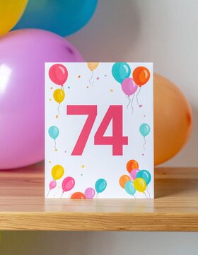 Birthday or anniversary card with number 74 with bright colors and balloons