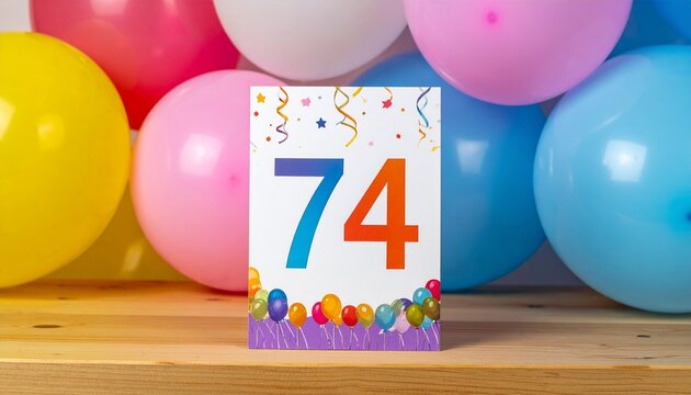 Birthday or anniversary card with number 74 with bright colors and balloons