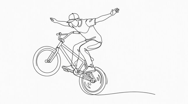Continuous one line BMX rider trick poses vector set with freestyle cycling stunts and dynamic motion for extreme sports and youth culture concepts