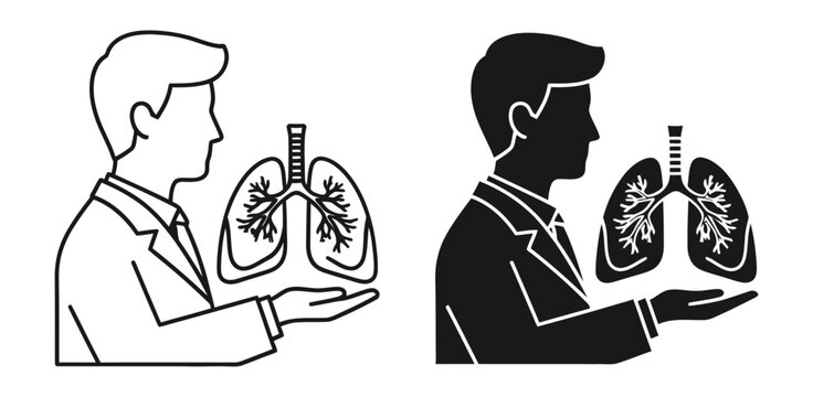 Pulmonologist doctor icon set with human lungs, outline and solid silhouette, white background