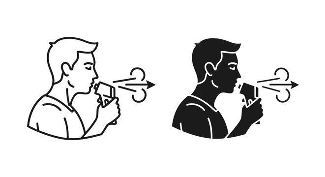 Breathalyzer icon set with man blowing into alcohol tester, outline and solid style, white background