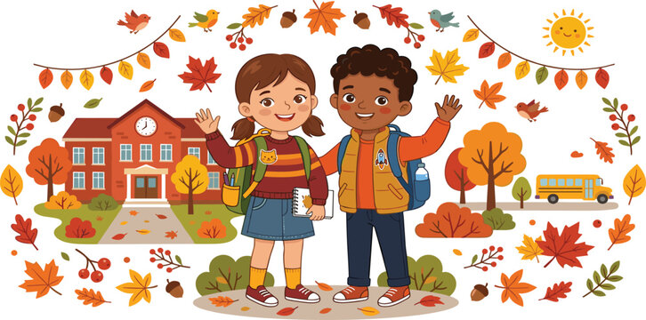 Diverse boy and girl students with backpacks in autumn school yard with colorful leaves