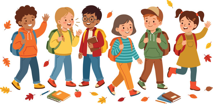 Diverse group of happy school children with backpacks talking in autumn fall season
