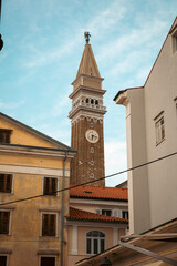 Fototapeta premium Piran, Croatia, 19th August 2025, old historic clock tower