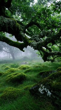 Misty ancient green temperate forest with moss covered tree branches rocks and lush green grass creates peaceful serene natural landscape full of natural beauty
