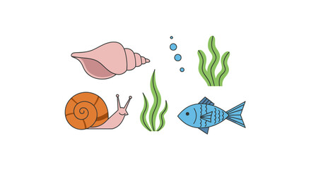 Colorful cartoon fish snail seashell seaweed. © Mr