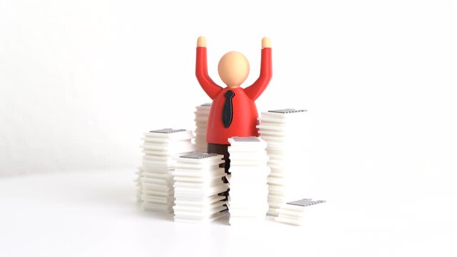 An office worker reacting sharply to a backlog of work. Bureaucratic overload. Overwhelmed at work, stress management and corporate productivity problems.