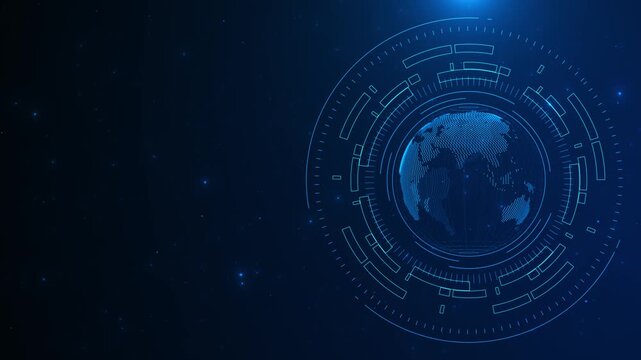 Blue global HUD interface background digital earth, circular rings, cyan glow, and dark copy space. world news videos, data networks, AI screens, business technology, cyber intros, and overlays.