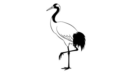 Obraz premium A black and white illustration of a crane standing on one leg.