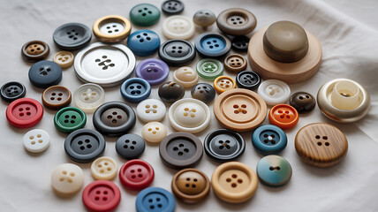 Fototapeta premium Assorted sewing buttons collection in various sizes, plastic and wooden fasteners for craft.