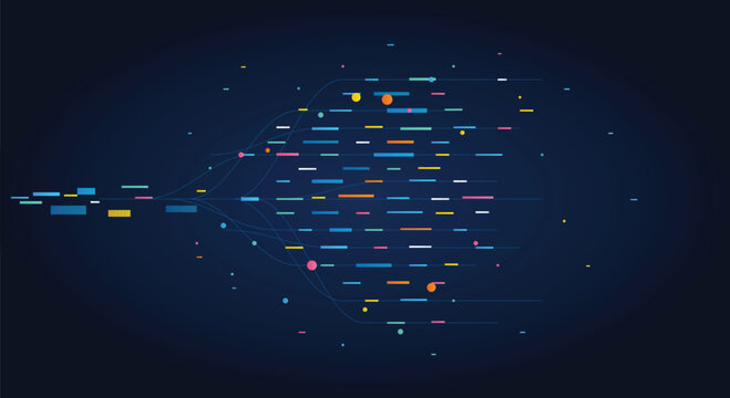Colorful abstract data visualization background featuring horizontal bar segments and connecting lines for modern technology and information flow concept designs.
