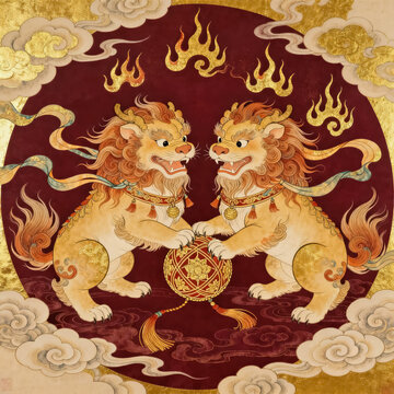 This is a traditional Chinese ink and gilt artwork featuring two auspicious pixiu beasts playing with a decorative embroidered ball, surrounded by cloud and flame motifs.
