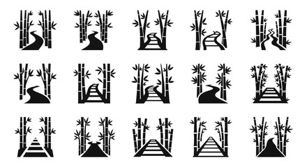 Naklejka premium Bamboo Forest Path Icons: Zen Journey, Nature Trail, Serene Landscape