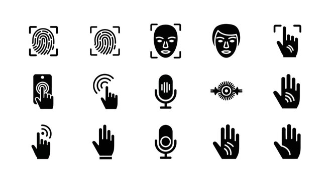 Biometric Security Icons: Fingerprint, Face ID, Iris Scan, Voice, Touchscreen