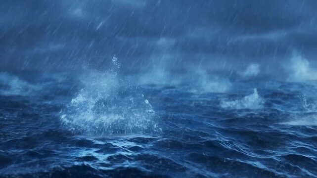 Slow motion static shot of raindrops splashing on choppy ocean surface during heavy rainstorm at sea