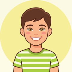 Obraz premium Cartoon portrait of a smiling young boy with brown hair wearing a green striped t-shirt.