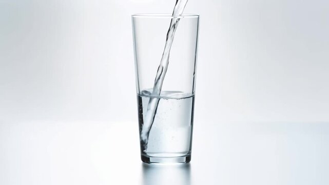 Slow motion close up of water being poured into glass on white surface in studio