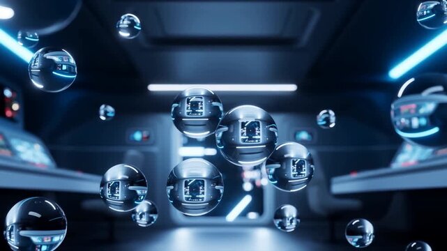 Tracking shot of floating reflective spheres drifting through futuristic spaceship corridor interior