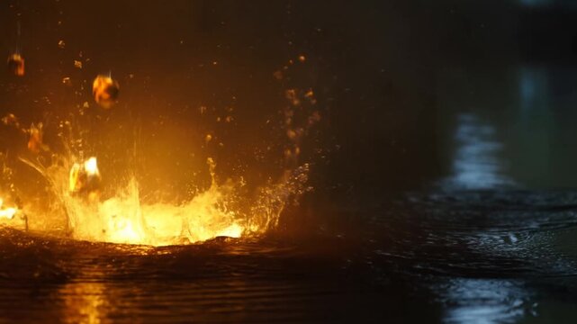 Slow motion close up of burning embers and fireballs falling and splashing into water surface in dark outdoor pond at night