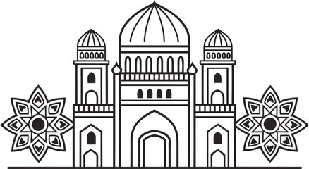 Black and white line of a mosque with floral motifs on a white background © Vector Art