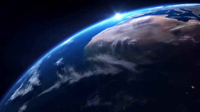 Tracking shot of planet earth rotating with sunlight glint along terminator from low orbit above atmosphere at dawn