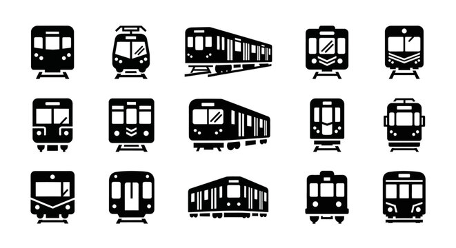 Collection of Metro Train Icons, Subway Transportation Vector Graphics