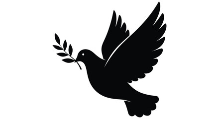 Fototapeta premium A black silhouette of a dove in flight holding an olive branch in its beak