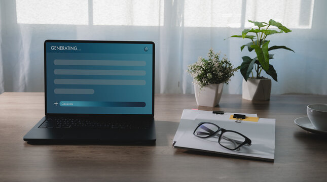 Laptop displaying AI text generation interface on desk with document clipboard and glasses, representing content creation workflow, digital writing process, document editing, and productivity workspac