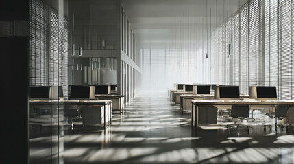 Naklejka premium Modern office space with large windows and workstations during day light hours showing long shadows and clean lines