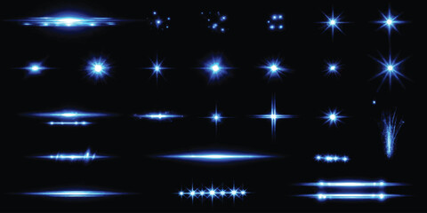 Set of bright blue light flares and glowing star effects isolated on a dark black background ©  creative  marlia