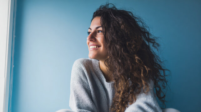 A young woman with curly hair sits near a blue wall and smiles. The light from the window brightens the room. She looks happy and relaxed during a casual moment at home.