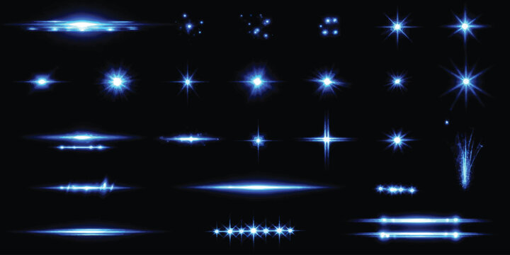 Set of bright blue light flares and glowing star effects isolated on a dark black background
