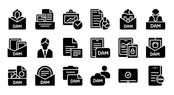 Digital Asset Management Icons Set - DAM System Concept