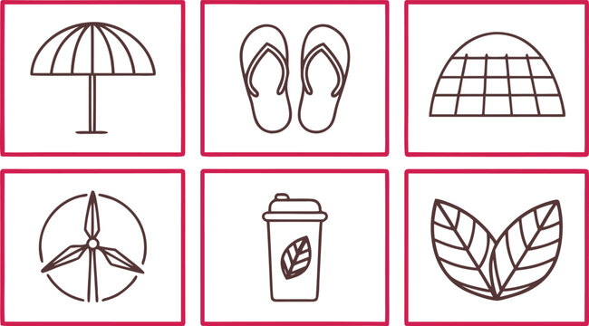 Six square featuring summer and eco-friendly symbols in red outline on white background