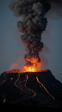 Active volcanic eruption with flowing lava and thick smoke plume at night.