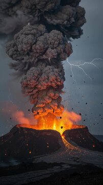 Powerful volcanic eruption with ash plume and lightning striking in dramatic volcanic landscape.