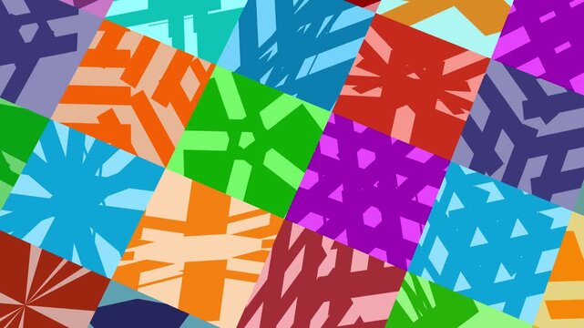 A kaleidoscope of colorful geometric shapes and patterns shifts and blends, creating a visually stimulating abstract composition
