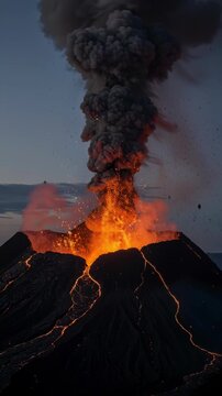 Active volcanic eruption with glowing lava and thick black smoke rising into the sky.