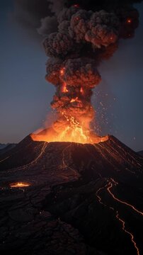 Dramatic volcanic eruption with glowing lava and thick smoke at dusk.