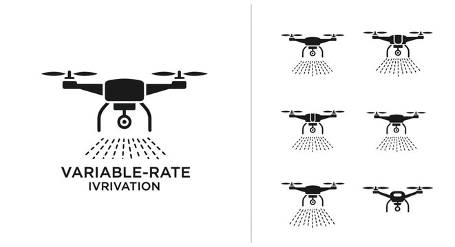 Drone spraying crops icon set, agriculture technology, smart farming, variable rate irrigation