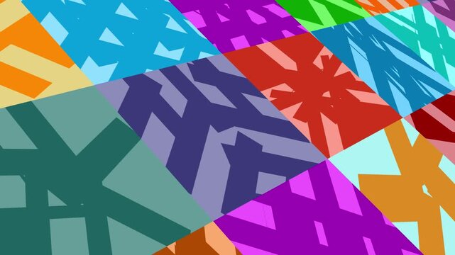 A kaleidoscope of colorful geometric shapes and patterns shifts and blends, creating a visually stimulating abstract composition