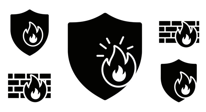 Firewall Security Icons: Shield, Brick Wall, Flame Protection