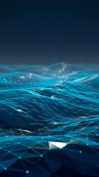 Abstract digital landscape with glowing blue network grid and polygonal shapes under dark sky.