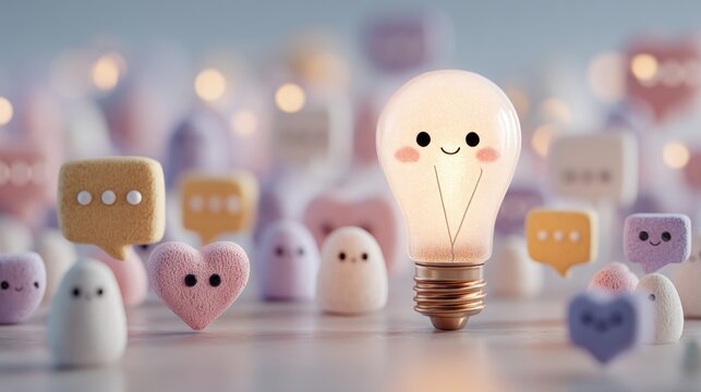 Cute smiling lightbulb character with pink hearts and bubbles