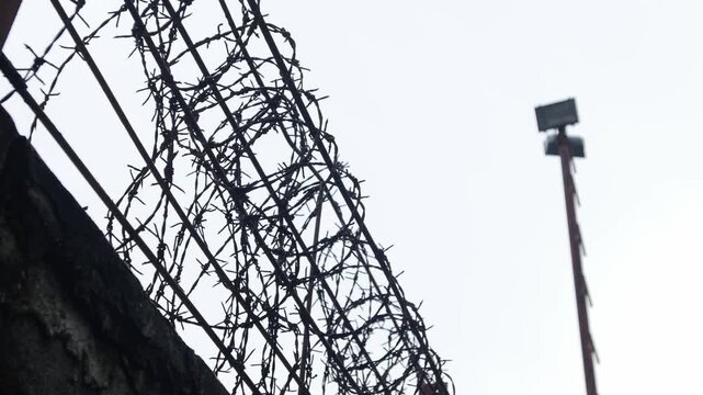 Barbed wire fence rows silhouetted against white overcast sky on concrete wall security barrier boundary prison concept