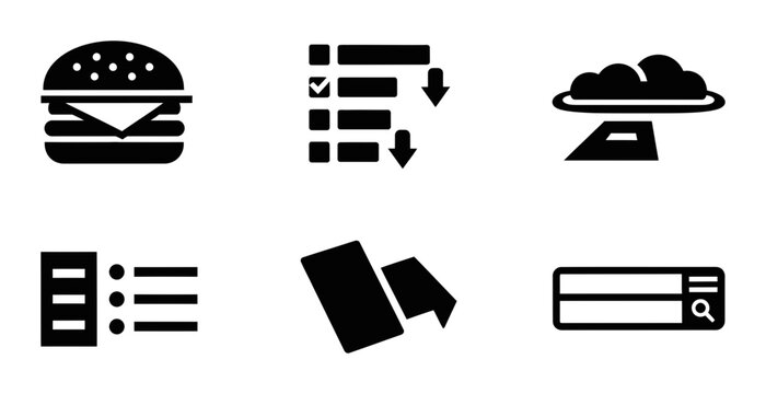 6 Navigation icons including hamburger menu, list, cloud, and search bar, outline solid styles, UI and web interface design