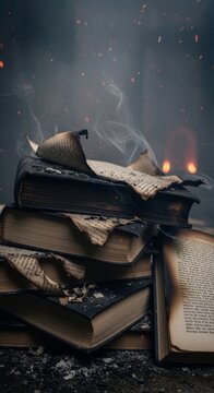 Pile of Burning Books with Smoke and Embers