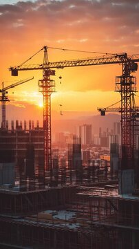 Sunset view of urban construction site with cranes and building frameworks.